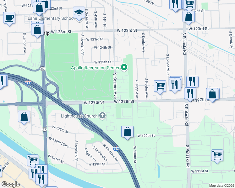 map of restaurants, bars, coffee shops, grocery stores, and more near 4300 West Emerald Way Street in Alsip
