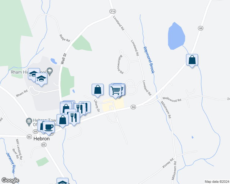 map of restaurants, bars, coffee shops, grocery stores, and more near 8 Gilbert Lane in Hebron