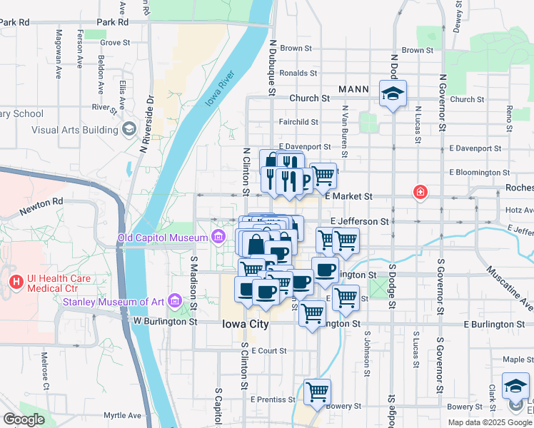 map of restaurants, bars, coffee shops, grocery stores, and more near 130 East Jefferson Street in Iowa City