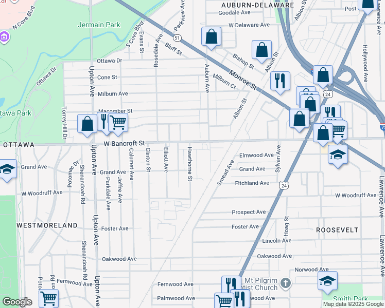 map of restaurants, bars, coffee shops, grocery stores, and more near 2144 Hawthorne Street in Toledo