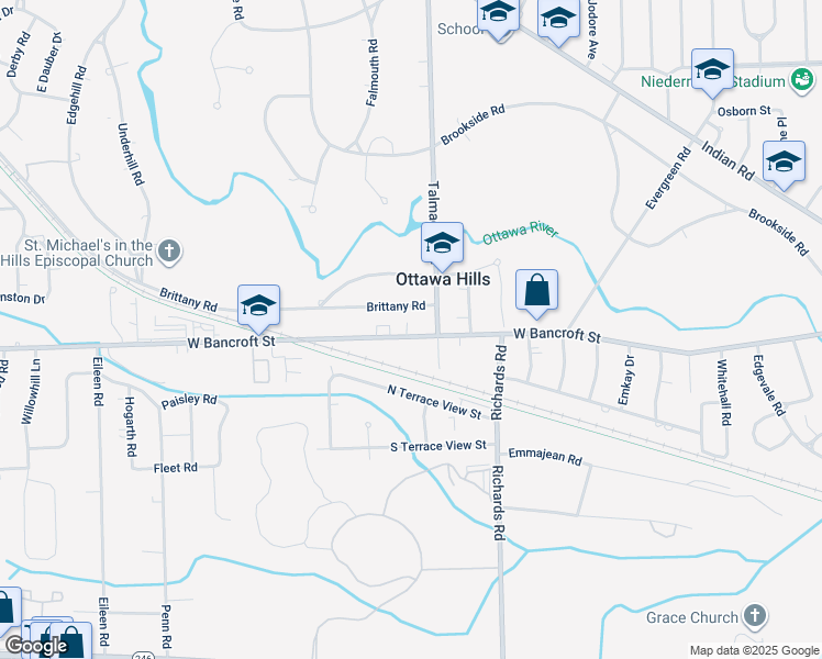 map of restaurants, bars, coffee shops, grocery stores, and more near 4320 West Bancroft Street in Ottawa Hills