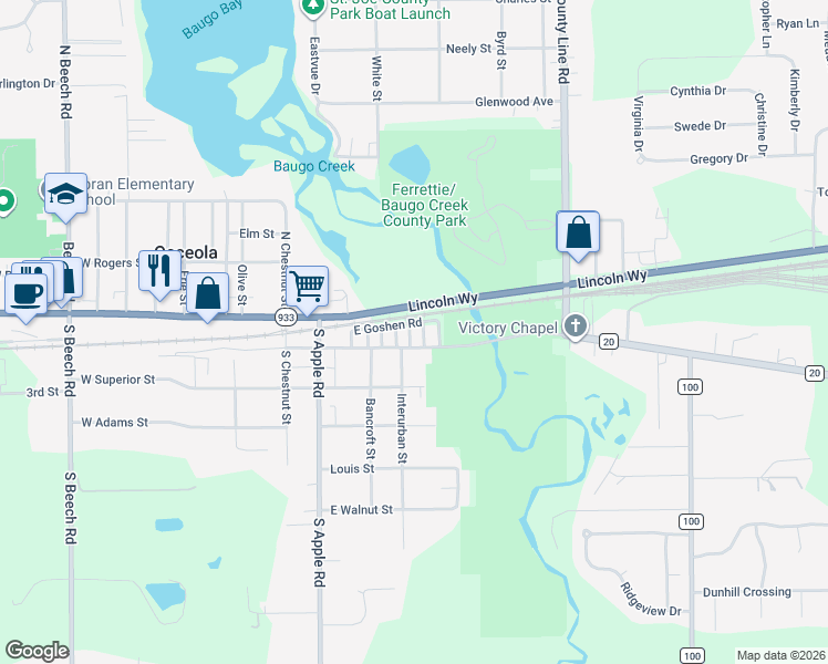 map of restaurants, bars, coffee shops, grocery stores, and more near 203 Interurban Street in Osceola