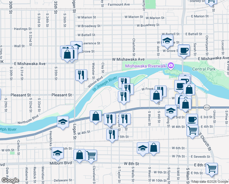 map of restaurants, bars, coffee shops, grocery stores, and more near 92 Schellinger Square in Mishawaka