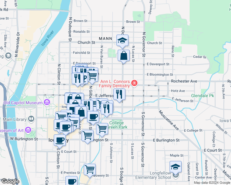 map of restaurants, bars, coffee shops, grocery stores, and more near 610 East Jefferson Street in Iowa City