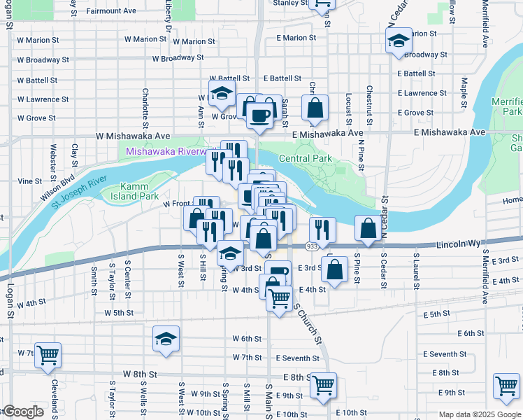 map of restaurants, bars, coffee shops, grocery stores, and more near 215 North Main Street in Mishawaka