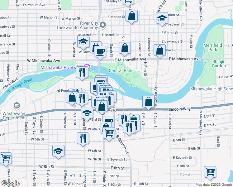 map of restaurants, bars, coffee shops, grocery stores, and more near 200-260 North Church Street in Mishawaka