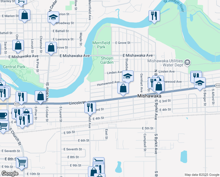 map of restaurants, bars, coffee shops, grocery stores, and more near 203 North Indiana Avenue in Mishawaka