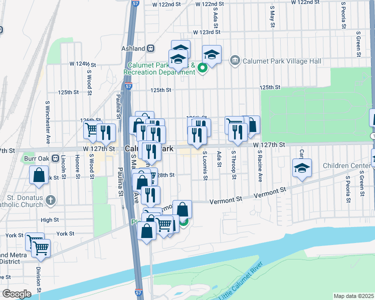 map of restaurants, bars, coffee shops, grocery stores, and more near 12711 Bishop Street in Calumet Park