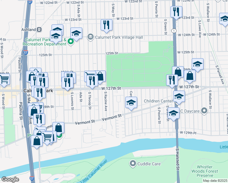 map of restaurants, bars, coffee shops, grocery stores, and more near 1121 West 127th Street in Calumet Park