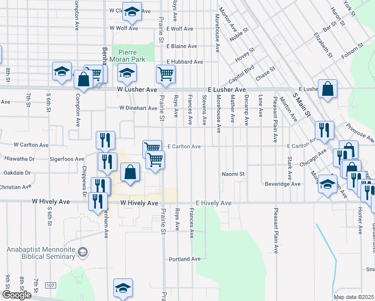 map of restaurants, bars, coffee shops, grocery stores, and more near 2415 Frances Avenue in Elkhart