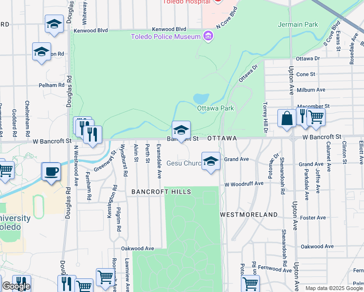 map of restaurants, bars, coffee shops, grocery stores, and more near 2323 West Bancroft Street in Toledo