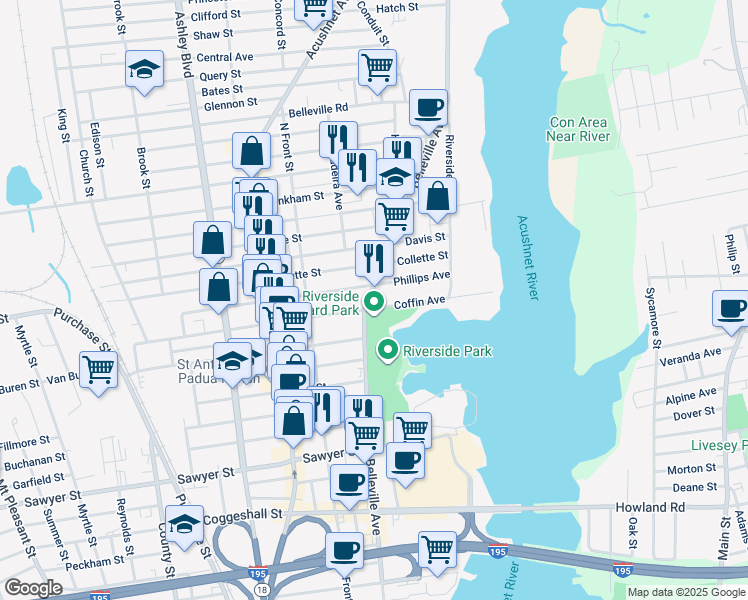 map of restaurants, bars, coffee shops, grocery stores, and more near 144 Coffin Avenue in New Bedford