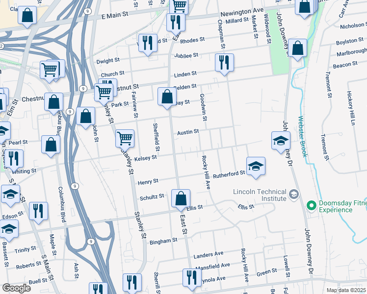 map of restaurants, bars, coffee shops, grocery stores, and more near 152 Kelsey Street in New Britain