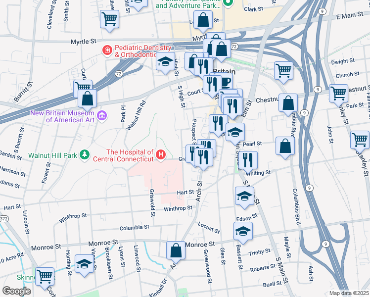 map of restaurants, bars, coffee shops, grocery stores, and more near 54 Camp Street in New Britain