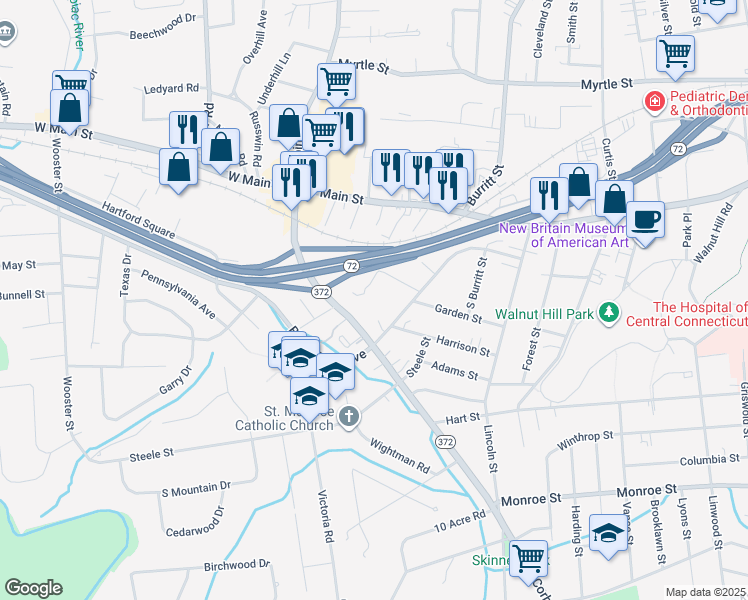 map of restaurants, bars, coffee shops, grocery stores, and more near 975 Corbin Avenue in New Britain