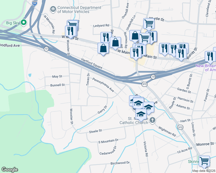 map of restaurants, bars, coffee shops, grocery stores, and more near 66 Garry Drive in New Britain