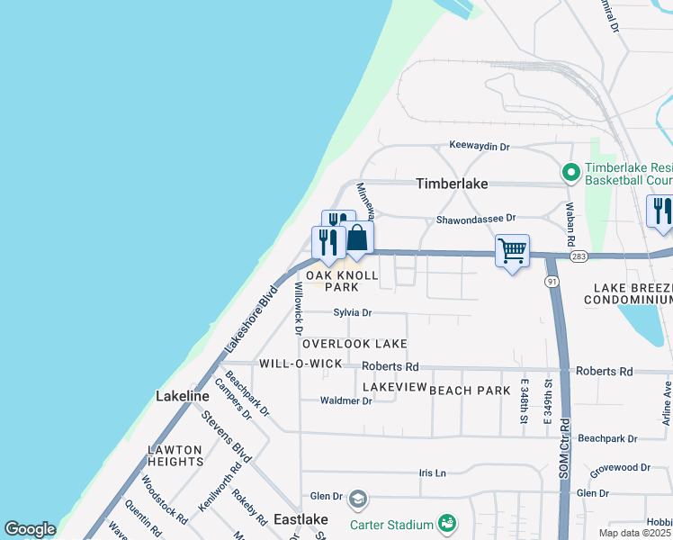 map of restaurants, bars, coffee shops, grocery stores, and more near 34596 Lakeshore Boulevard in Timberlake