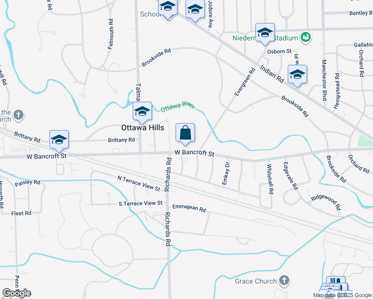 map of restaurants, bars, coffee shops, grocery stores, and more near 4040 West Bancroft Street in Ottawa Hills
