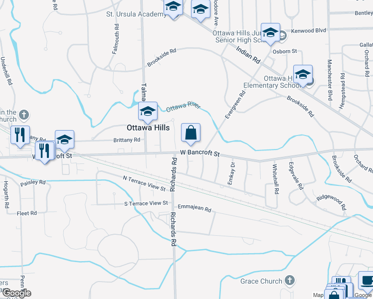 map of restaurants, bars, coffee shops, grocery stores, and more near 4040 West Bancroft Street in Ottawa Hills