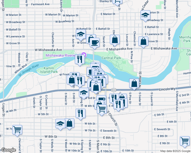 map of restaurants, bars, coffee shops, grocery stores, and more near 215 N Main St in Mishawaka
