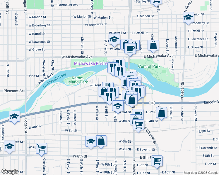 map of restaurants, bars, coffee shops, grocery stores, and more near 318 West 1st Street in Mishawaka