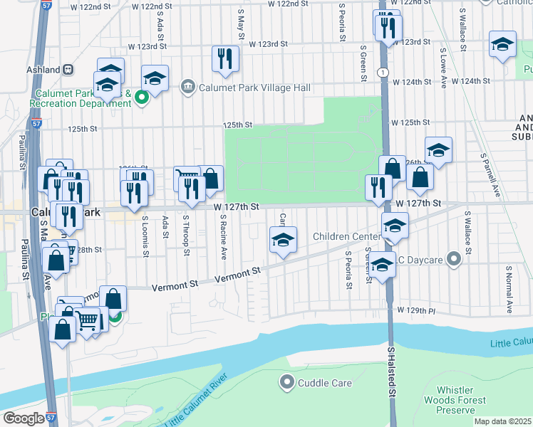 map of restaurants, bars, coffee shops, grocery stores, and more near 12720 South Carpenter Street in Calumet Park