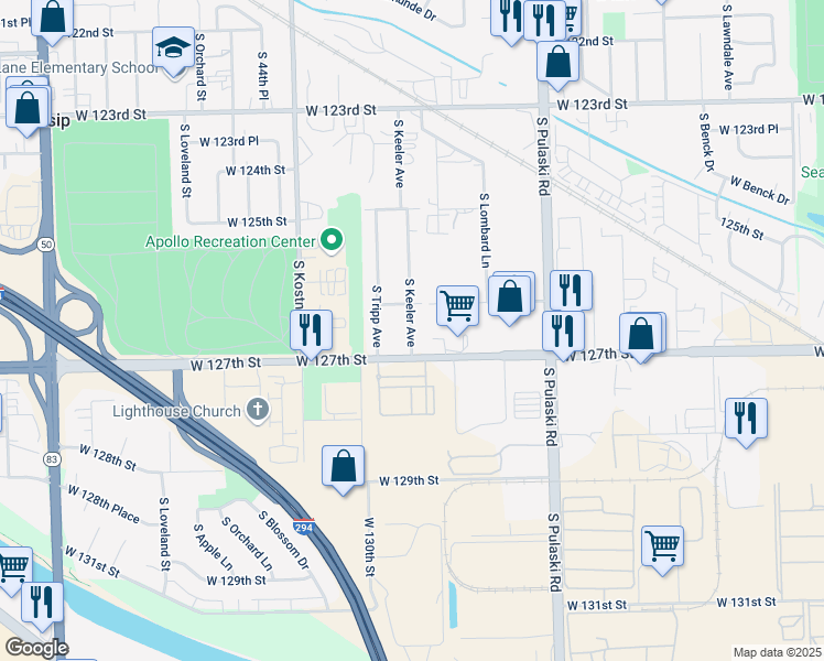 map of restaurants, bars, coffee shops, grocery stores, and more near 12637 South Keeler Avenue in Alsip