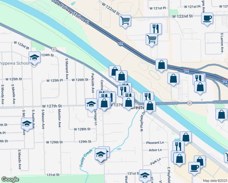 map of restaurants, bars, coffee shops, grocery stores, and more near 12625 South Alpine Drive in Alsip