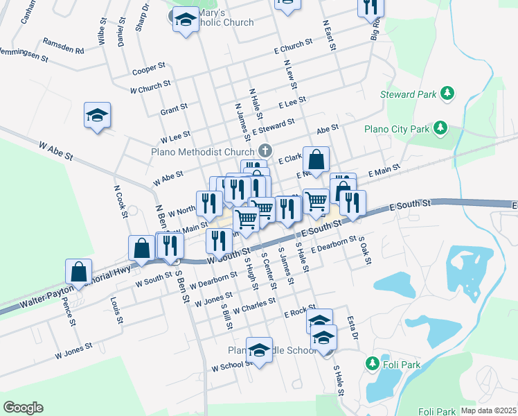 map of restaurants, bars, coffee shops, grocery stores, and more near 115 East South Street in Plano