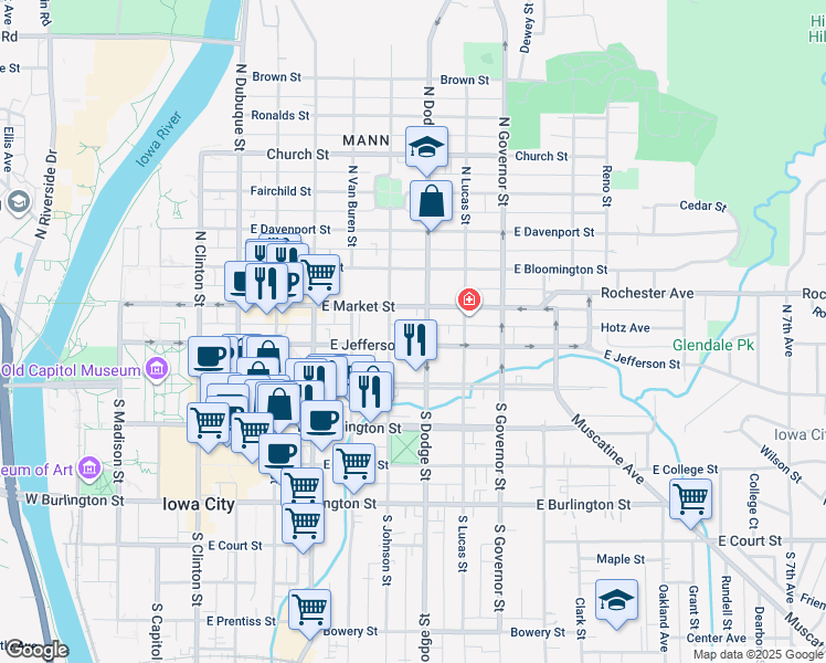 map of restaurants, bars, coffee shops, grocery stores, and more near 606 East Jefferson Street in Iowa City