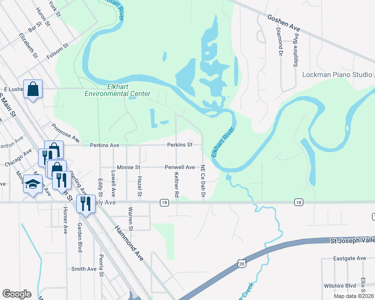 map of restaurants, bars, coffee shops, grocery stores, and more near 24580 Perkins Street in Elkhart