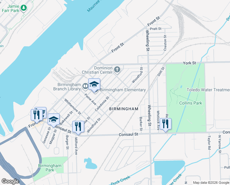 map of restaurants, bars, coffee shops, grocery stores, and more near 2314 Caledonia Street in Toledo