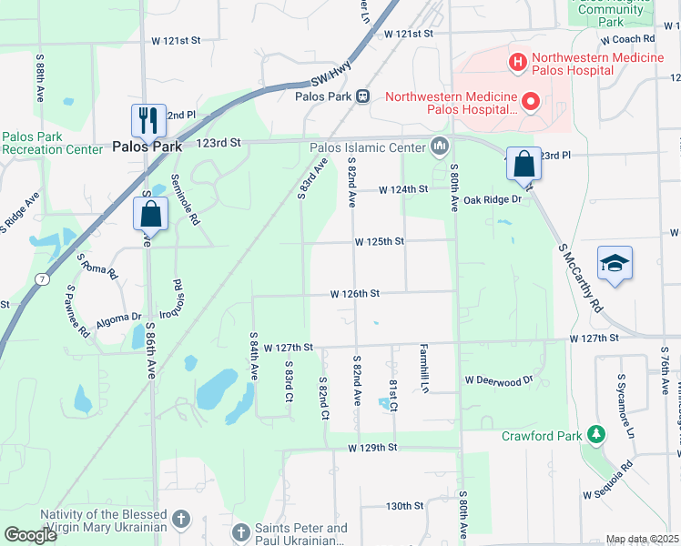 map of restaurants, bars, coffee shops, grocery stores, and more near 12523 South 82nd Avenue in Palos Park