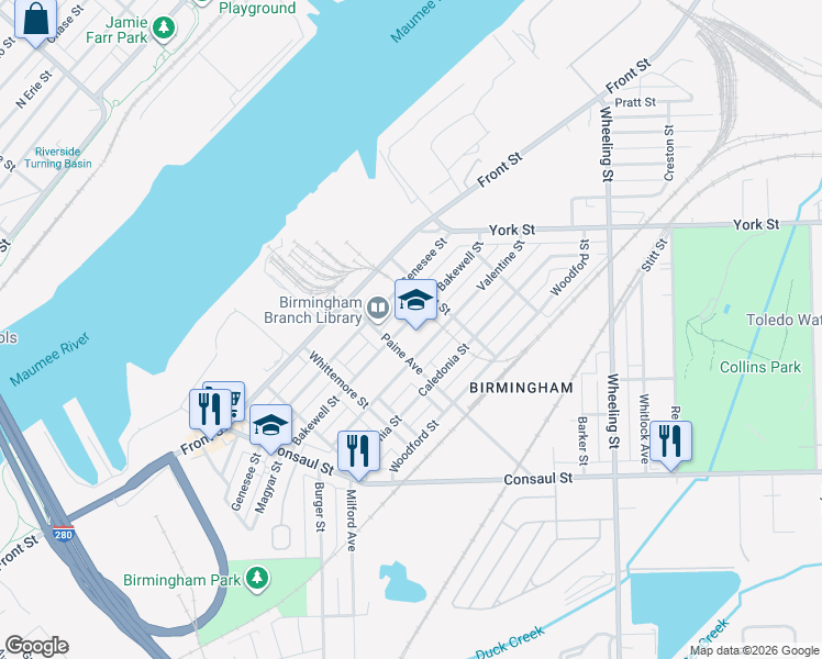 map of restaurants, bars, coffee shops, grocery stores, and more near 302 Paine Avenue in Toledo
