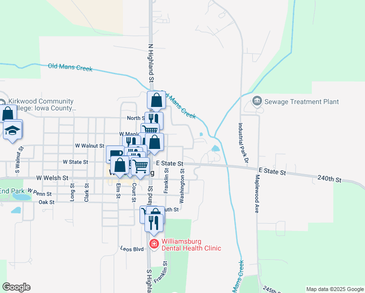 map of restaurants, bars, coffee shops, grocery stores, and more near 298 E Walnut St in Williamsburg