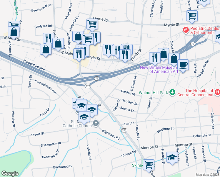 map of restaurants, bars, coffee shops, grocery stores, and more near 133 Black Rock Avenue in New Britain