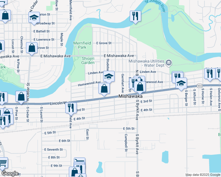 map of restaurants, bars, coffee shops, grocery stores, and more near 1202 Lincolnway East in Mishawaka