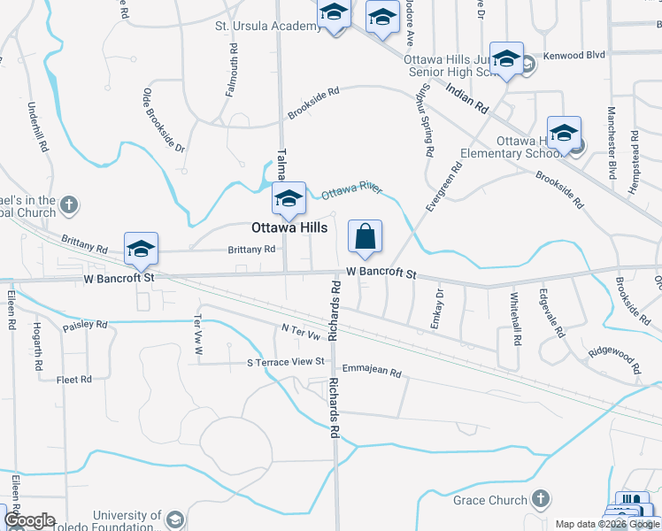 map of restaurants, bars, coffee shops, grocery stores, and more near 4105 West Bancroft Street in Toledo