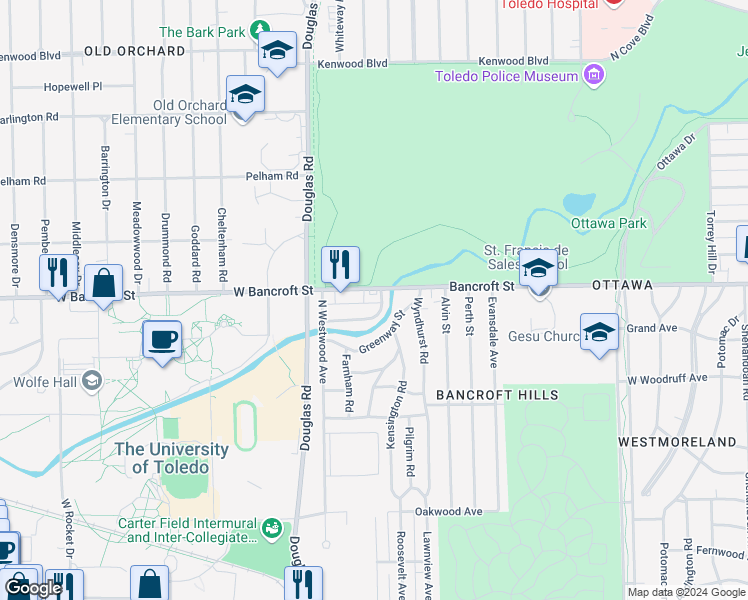 map of restaurants, bars, coffee shops, grocery stores, and more near 2601 West Bancroft Street in Toledo