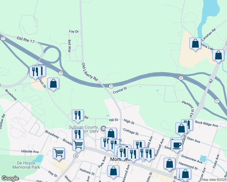 map of restaurants, bars, coffee shops, grocery stores, and more near 7 Crystal Street in Monticello