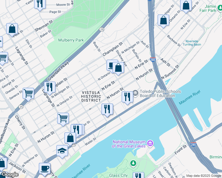 map of restaurants, bars, coffee shops, grocery stores, and more near 1430 Swan Lane in Toledo