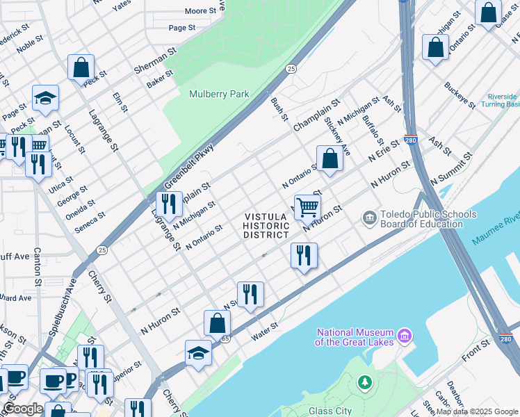 map of restaurants, bars, coffee shops, grocery stores, and more near 724 Mulberry Street in Toledo