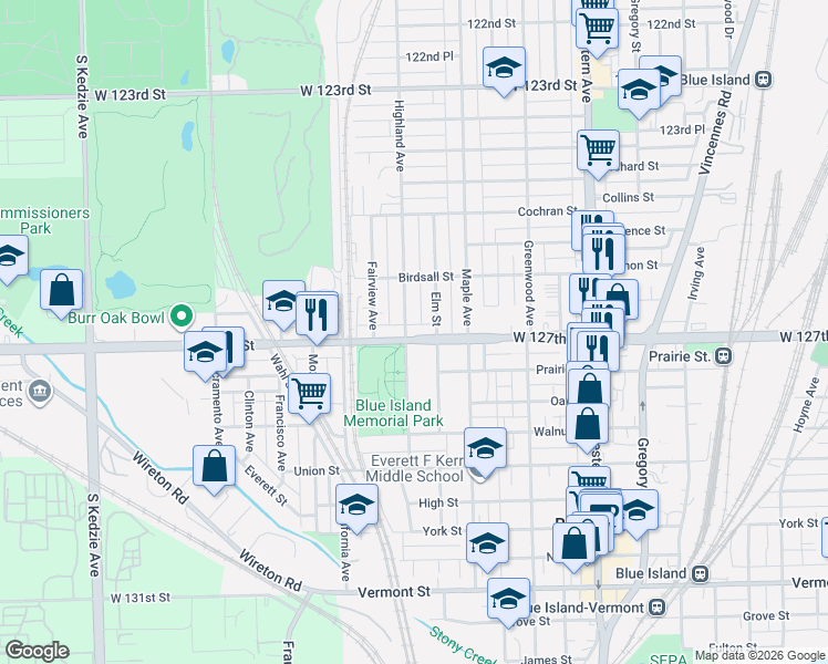 map of restaurants, bars, coffee shops, grocery stores, and more near 2649 Burr Oak Avenue in Blue Island