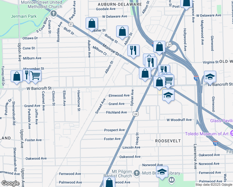 map of restaurants, bars, coffee shops, grocery stores, and more near 1356 Elmwood Avenue in Toledo