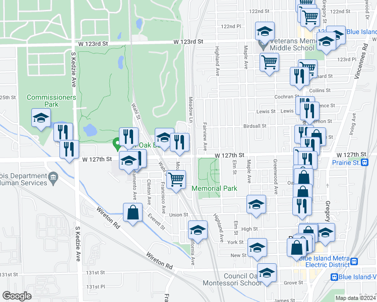 map of restaurants, bars, coffee shops, grocery stores, and more near 12648 California Avenue in Blue Island