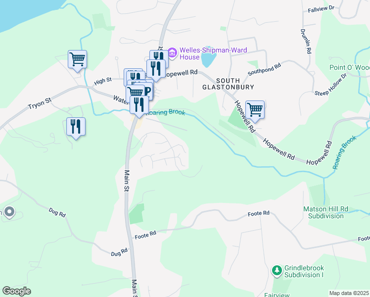 map of restaurants, bars, coffee shops, grocery stores, and more near 109 Overshot Drive in Glastonbury