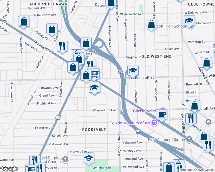 map of restaurants, bars, coffee shops, grocery stores, and more near 2749 Monroe Street in Toledo