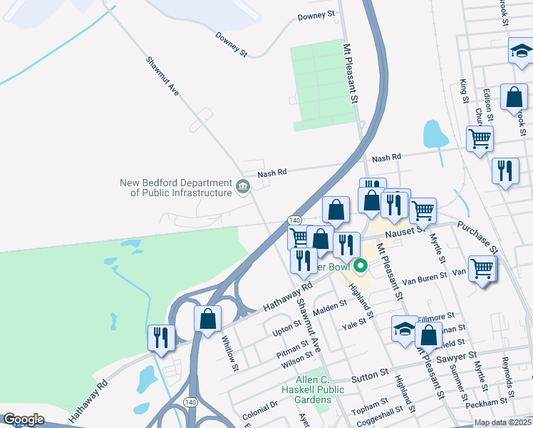 map of restaurants, bars, coffee shops, grocery stores, and more near 1080 Shawmut Avenue in New Bedford