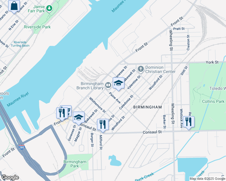 map of restaurants, bars, coffee shops, grocery stores, and more near 2213 Bakewell Street in Toledo
