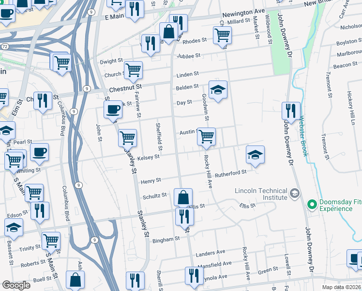 map of restaurants, bars, coffee shops, grocery stores, and more near 351 East Street in New Britain